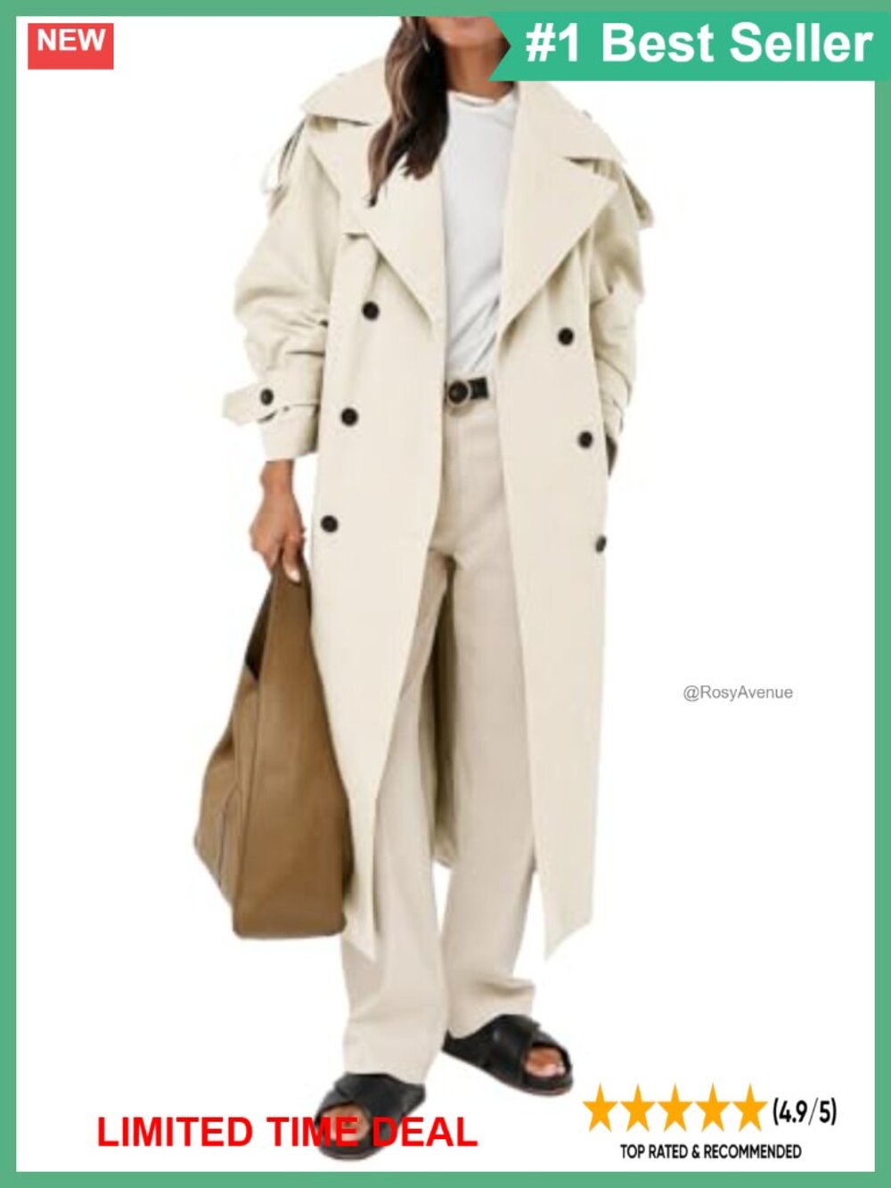 Womens Oversized Long Trench Coat Double Breasted Lapel Windproof Belted